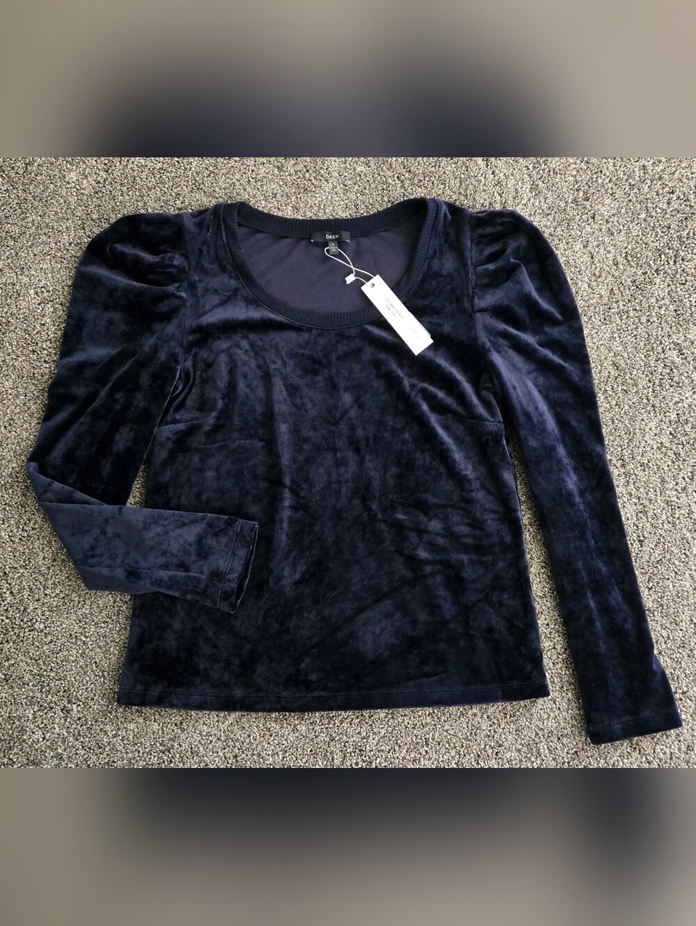 DREW Navy Veluer Scoop Neck Puff Sleeve Top S